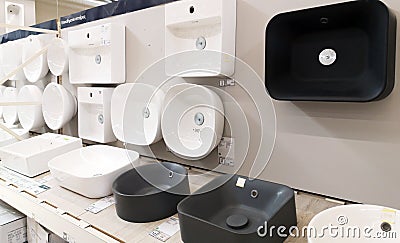 Ceramic wash basins for sale in the Leroy Merlin store Editorial Stock Photo