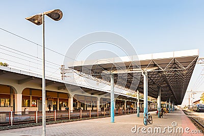 Railway and platform of the Larissa Train Station. Editorial Stock Photo