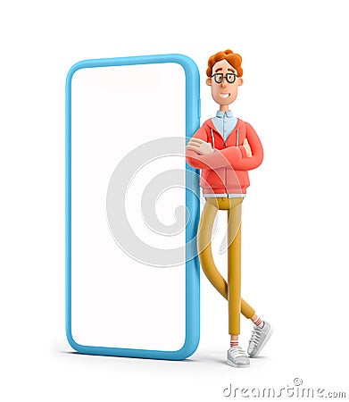 3d illustration. Nerd Larry standing next to a large phone Cartoon Illustration