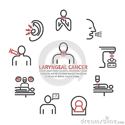 Laryngeal cancer banner. Symptoms, Causes, Treatment. Line icons set. Vector signs for web graphics. Vector Illustration