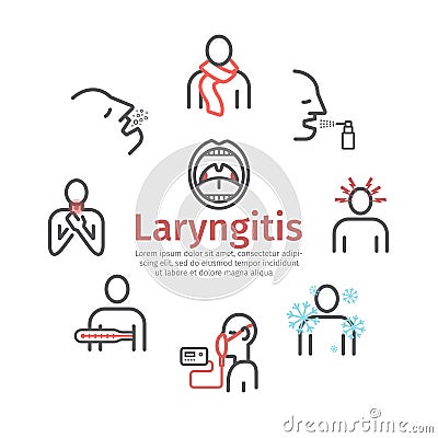 Laryngitis banner. Symptoms, Treatment. Line Icons set. Vector illustration Vector Illustration