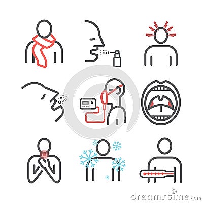 Laryngitis. Symptoms, Treatment. Line Icons set. Vector illustration Vector Illustration