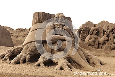 Las Palmas de Gran Canaria, Spain - Decemeber 05: Visitors admire Belen de Arena, Nativity scenes made of sand, on Las Canteras to Editorial Stock Photo