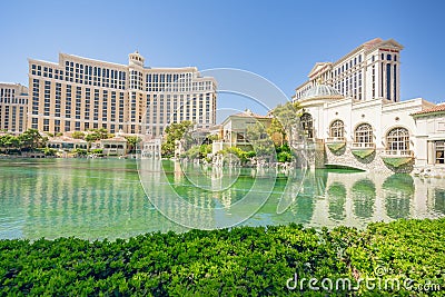 Las Vegas Bellagio Hotel and Caesars Palace, and water fountain in a bright sunny day Editorial Stock Photo