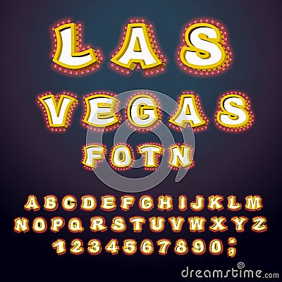 Las Vegas font. Glowing lamp letters. Retro Alphabet with lamps. Vector Illustration