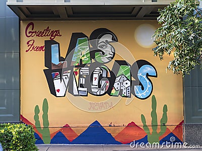 Las Vegas, Nevada 4-23-16: Greetings From Postcard Mural on City Building Editorial Stock Photo