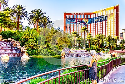 The Lake and Waterfalls at The Mirage Resort and Casino on Las Vegas Boulevard. The Treasure Island Resort in the background Editorial Stock Photo