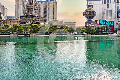 Las Vegas, Nevada, view of Paris Las Vegas Hotel, Replica of Eiffel Tower in Paris and Hotel Planet Hollywood Editorial Stock Photo