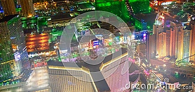LAS VEGAS, NV - JUNE 30TH, 2018: Helicopter night aerial view of The Strip and main city Casinos and Hotels Editorial Stock Photo