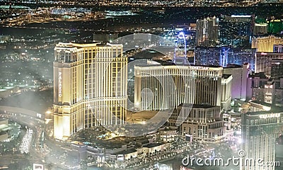LAS VEGAS, NV - JUNE 30TH, 2018: Helicopter night aerial view of The Strip and main city Casinos and Hotels Editorial Stock Photo