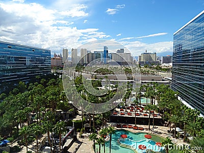 Las Vegas skyline view from Hardrock hotel with blue sky and clouds, pool, trees September 2018 Editorial Stock Photo