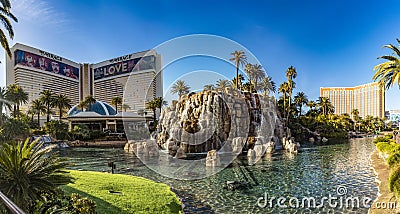 Las Vegas USA January 19, 2023: Panoramic view of the lake and volcano from The Mirage casino and Treasure Island Hotel Editorial Stock Photo