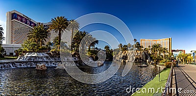 Las Vegas USA January 18, 2023: Panoramic view of the volcano lake of The Mirage casino and resort. Editorial Stock Photo