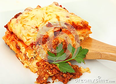 Lasagna Portion on Serving Spoon Stock Photo