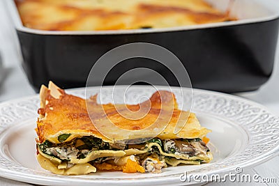 Lasagna Tray Bake With Butternut Squash, Spinach, Ricotta And Mozzarella Stock Photo