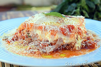 Lasagna white and bolognese sauce with parmesan cheese, pasta, tomato, basil, herbs, delicious food from Italian and French Stock Photo