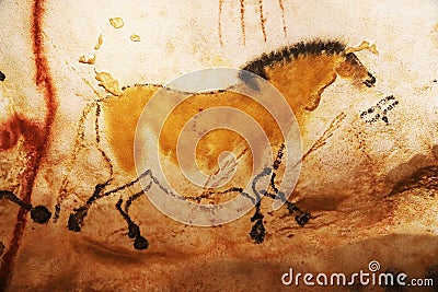 Lascaux, France - August 6, 2121: Prehistoric horse depicted in Lascaux caves Editorial Stock Photo