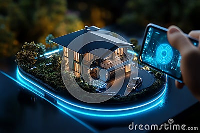 A laser-based security system that creates a virtual fence around a futuristic home, visible on a smart device where the homeowner Stock Photo