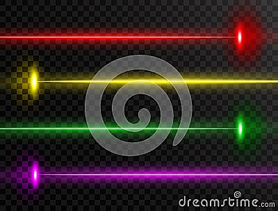 Laser beam set. Colorful laser beam collection isolated on transparent background. Neon lines. Glow party laser beams abstract eff Vector Illustration