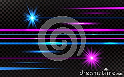 Laser beams set. Pink and blue horizontal light rays. Abstract bright lines on transparent background. Pack of beams on Vector Illustration