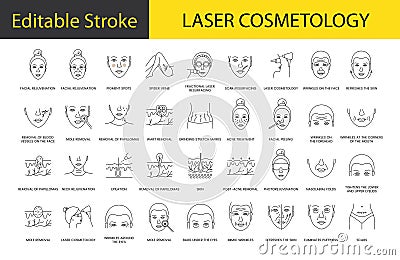 Laser cosmetology line icon set in vector, illustration of facial rejuvenation and pigment spots, spider veins and scar Vector Illustration