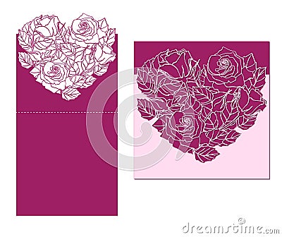 Laser cut card temlate with rose heart ornament. Cutout p Vector Illustration