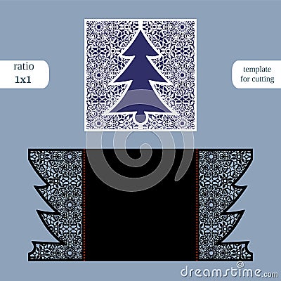 Laser cut christmas square card template. Cut out the paper card with lace pattern. Greeting card template for cutting plotter. C Vector Illustration