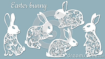 Laser cut Easter bunny rabbit. Floral fancy hare with laser cut pattern for die cutting. Laser cutting rabbit template Vector Illustration