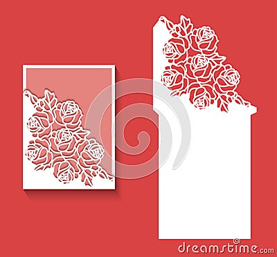 Laser cut envelope template for invitation wedding card. Paper greeting card with lace border Vector Illustration