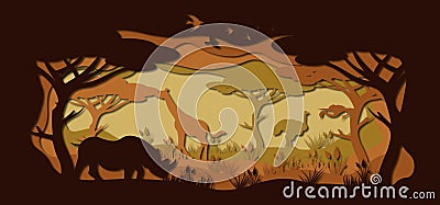 Laser cut paper, template for DIY scrapbooking. Rhinoceros, giraffe, ostrich,. Animals, wildlife, bird, tree, grass, sunset in Vector Illustration