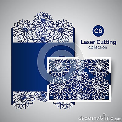 Laser cut wedding invitation. Envelope for cutting with aster flowers Vector Illustration