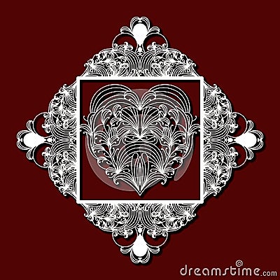 Laser cutting decorative floral diamond with heart inside of the square in dark red color background Vector Illustration