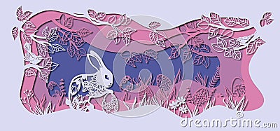 Laser cutting. Easter card. Rabbit in a clearing with eggs. Trees and leaves with a bird. The pattern for the plotter and Vector Illustration