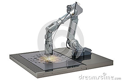 Laser cutting of metal sheet by robotic arm, 3D rendering Stock Photo