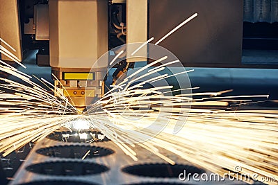 Laser cutting technology of flat sheet metal steel material proc Stock Photo