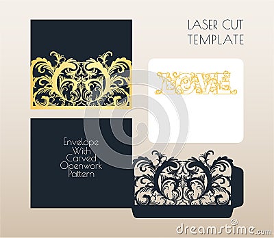 Laser envelope template, greeting card. Cutting floral, vegetable pattern of paper, cardboard. Frame with place for a Vector Illustration