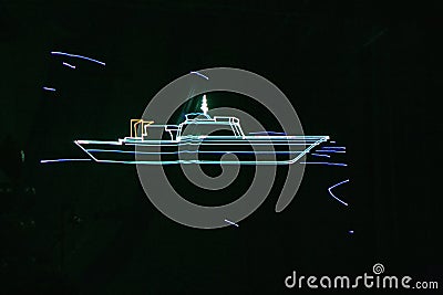 Laser graphics, pattern the beam of laser light. Sea, yacht, ship, Navy. Editorial Stock Photo