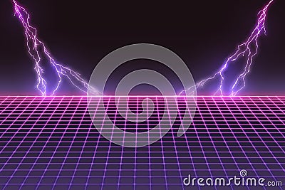 Laser Grid with Bolts of Lightning. Retro Futuristic Template in 80s Style Vector Illustration