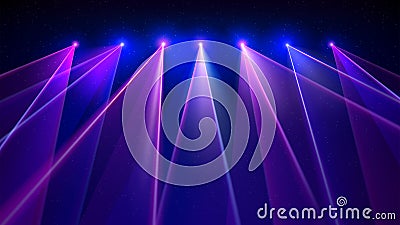 Laser light show. Bright led laser beams, dj light party. Illuminated blue pink stage, led strobe lights. Background, backdrop for Vector Illustration