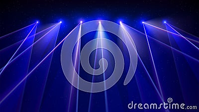 Laser light show. Bright led laser beams, dj light party. Illuminated blue stage, led strobe lights. Background, backdrop for Vector Illustration