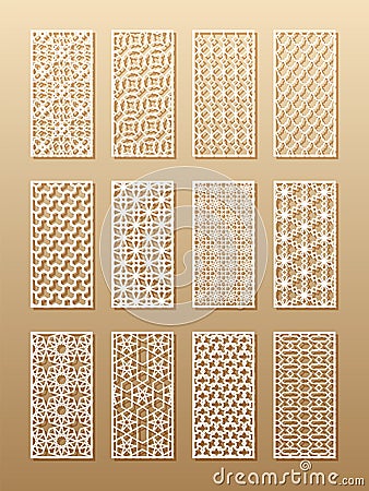 12 laser patterns for room walls in the Arabic style. Traditional oriental ornament in a rectangle for the design of a Vector Illustration