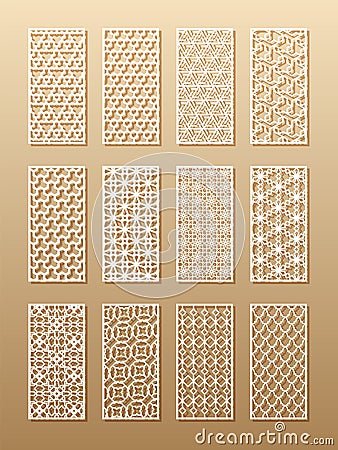 12 laser patterns for room walls in the Arabic style. Traditional oriental ornament in a rectangle for the design of a Vector Illustration