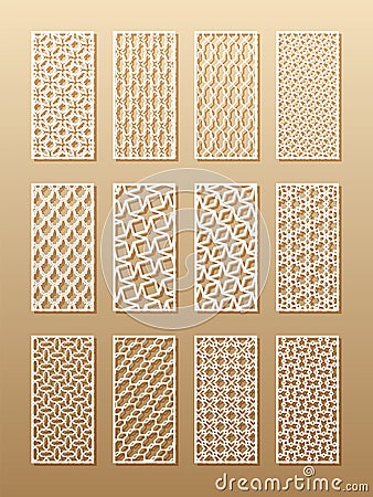 12 laser patterns for room walls in the Arabic style. Traditional oriental ornament in a rectangle for the design of a Vector Illustration