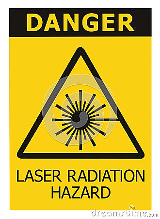 Laser radiation hazard safety danger warning text sign yellow sticker label, high power beam icon signage, isolated black triangle Stock Photo