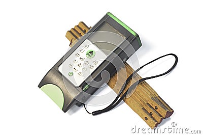 Laser range meter with wood meter measure Stock Photo