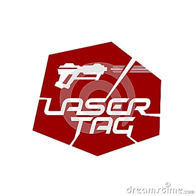 Laser tag game logo with playing gun silhouette and laser beams around. Vector Illustration