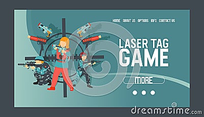 Laser tag game set of banners vector illustration. Gun, optical sight, trigger, vest, attachment rail. Game weapons Vector Illustration