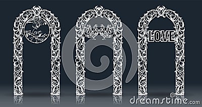 Laser wedding arch template for cutting from vinyl. The decor is a stylized openwork pattern of flowers and branches Vector Illustration