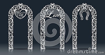 Laser wedding arch template for cutting from vinyl. The decor is a stylized openwork pattern of flowers and branches Vector Illustration