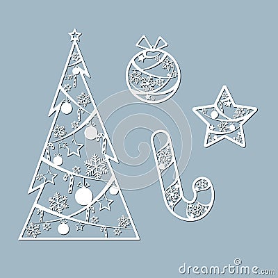 Lasercut Christmas tree ball candy toy star Christmas theme Set Design element of a lasercut lace Christmas toys for laser cutting Vector Illustration